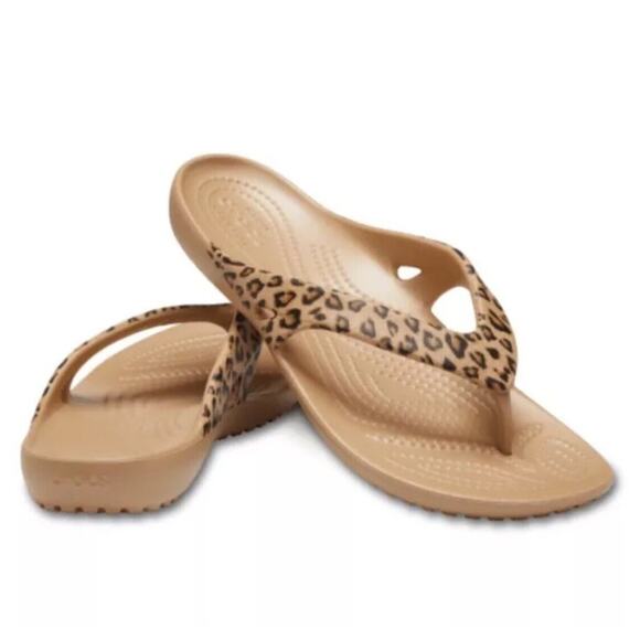 Crocs Kadee II Leopard Gold Women Leopard Flip Flop Comfy Light Sz 10 206398 - Picture 1 of 7